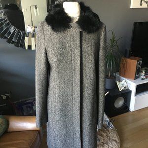 Banana Republic Gray Herringbone Wool Coat with Fur Collar